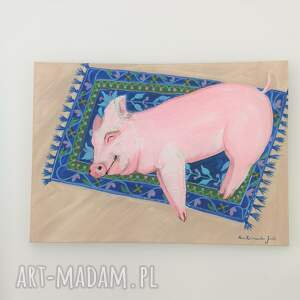 szczęśliwa świnka na dywanie oryginał obraz akrylowy