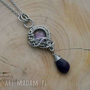 handmade wisiorki wisiorek z ametystem, stal chirurgiczna, wire wrapping