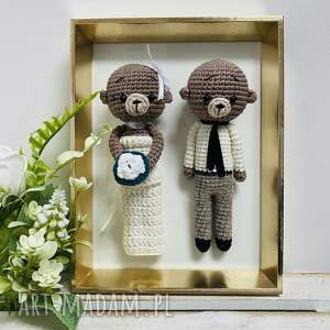 młoda para misie w złotej ramce ręcznie robione prezent ślubny obraz, maskotki
