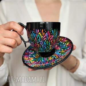 Prezent Filiżanka ręcznie malowana Multikolor Czarna Ceramiczna