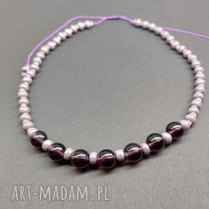 naszyjnik fioletowe szklane korale, naszyjnik kule duże, kolorowa bizuteria unikat