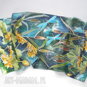 chustki i apaszki szal jedwabny lilie wodne, nenufary niebieski szalik, kwiaty