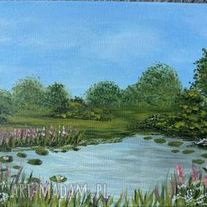 Obraz akrylowy jezioro, las i kwiaty 20 x 30 cm