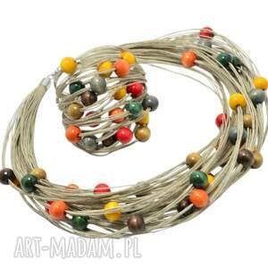jesienne korale drewniane w lnie, zestaw bizuterii ze sznurka z koralikami