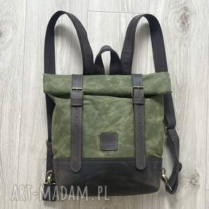 Zielono brązowy plecak z bawełny woskowanej i skóry Vintage zapinany