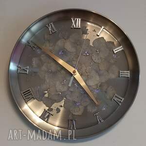 zegar z utrwalonymi płatkami hortensji w żywicy, zegar z zywicy, resi art