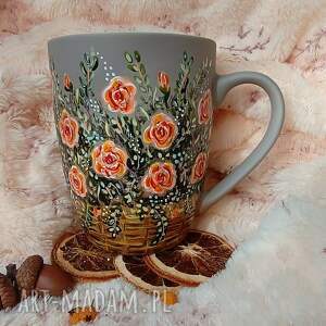 kosz róż ręcznie malowany kubek 300 ml, malowana porcelana, malowane