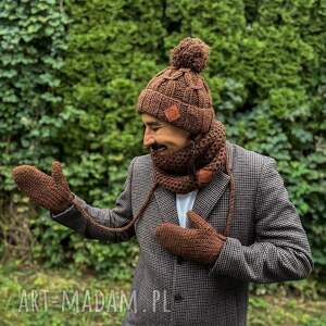 męska czapka merino euforia brąz, z dużym pomponem