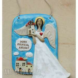ręczne wykonanie ceramika tabliczka "domu pilnują anioły"