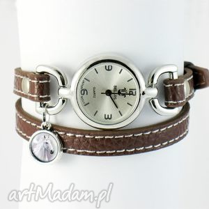 handmade zegarek skórzany, bransoletka - biały koń - brązowy