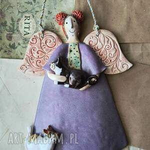anioł lawendowy z 2 kotami, ceramika