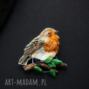 broszka rudzik na gałązce, natura ogród, las, ptaki, biżuteria artystyczna