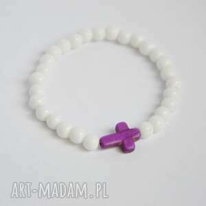 ręcznie zrobione bracelet by sis: fioletowy krzyż w białych koralach