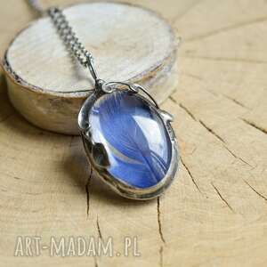 niebieskie pióro - naszyjnik z piórem w szkle, wisior na łańcuszku biżuteria