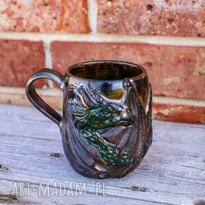 kubek z smokiem spiżowy czarno złoty kamionka 400 ml zielony, ceramika