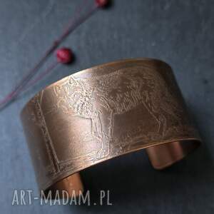 Miedziana bransoletka z wilkiem i lasem - rustykalna handmade