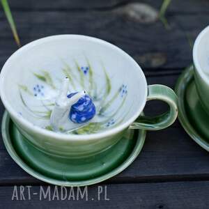 handmade ceramika filiżanka do herbaty z figurką ślimaka | do kawy | niezapominajka i
