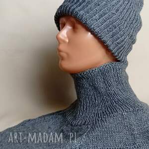 Komplet czapka i komin golf merino 100% - ciemny szary handmade