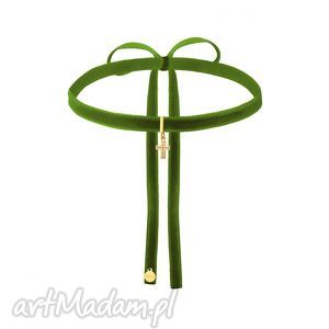 handmade naszyjniki oliwkowy aksamitny choker ze złotym krzyżykiem wysadzanym swarovski®