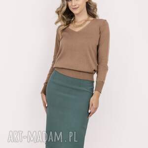 swetry dzianinowy sweter z dekoltem w serek - swe345 mocca mkm, dzianinowa