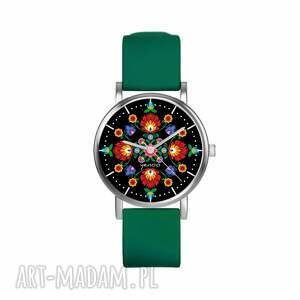 handmade zegarki zegarek mały - folkowa mandala, czarna silikonowy, zielony