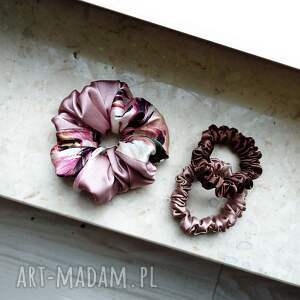 róż i kolor - zestaw jedwabnych scrunchie, jedwabna ozdoba do włosów