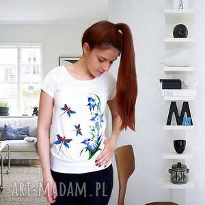 bluzka malowana - ważki i kwiaty, koszulka, damska, bawełniana