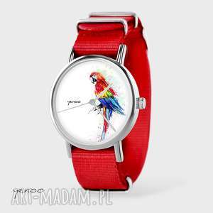 handmade zegarki zegarek, bransoletka - czerwona papuga - czerwony, nato