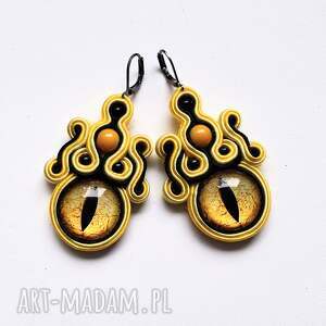 ręcznie haftowane sutaszowe Yellow Dragon, kolczyki oko