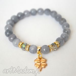 handmade bransoleta grey jades&gold clover