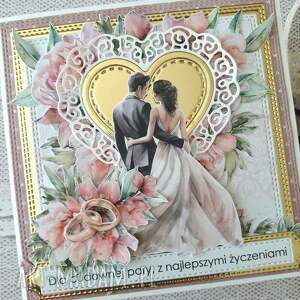 kartka ślubna w różu i złocie kieszonką cudownej pary