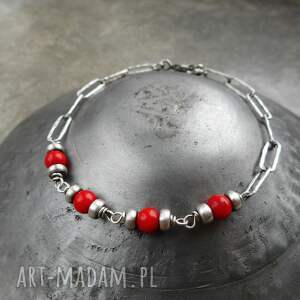 koralowa srebro, srebrna bransoletka, czerwień