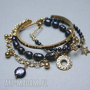 handmade zestaw bransoletek perły granatowe - szlachetna kolekcja