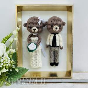 młoda para misie w złotej ramce ręcznie robione prezent ślubny obraz, dekoracja