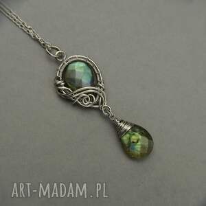 długi wisiorek kolorowe labradoryty, wire wrapping, stal chirurgiczna