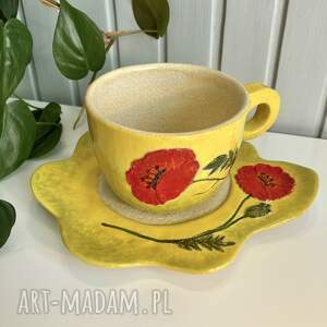 ręczne wykonanie ceramika ceramiczny żółty kubek, filiżanka, talerzyk, komplet maki