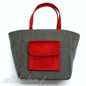 handmade na ramię shopper bag worek - tkanina dark grey i czerwony