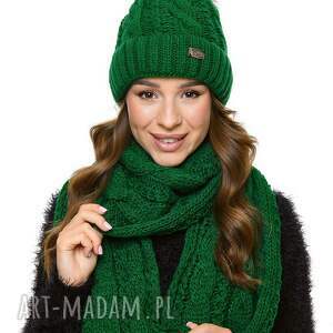 ręczne wykonanie czapki komplet damski czapka z pomponem i szal zimowy zielony c03