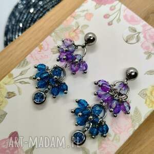 Kolczyki fioletowo niebieskie koralikowe z zawieszką z kryształkiem