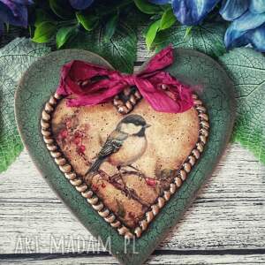 Serce decoupage z sikorką farmhouse shabby chic - 15x15 cm