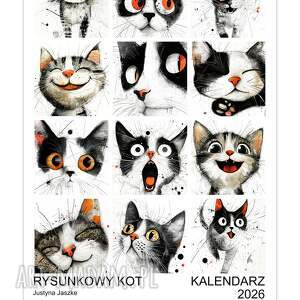 kalendarz 2026 rysunkowy kot 15x21 cm, dla kociarza, prezent, kalendarz z kotem