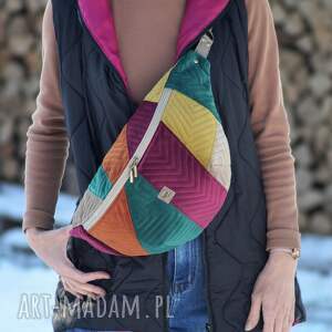HappyArt: Kolorowa patchworkowa damska nerka XXL - na prezent, nerkoplecak, maxi, pluszowa saszetka, mini plecak, skrawkowa