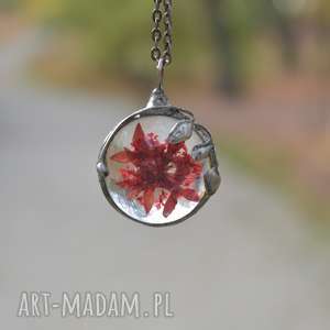 mandala czerwona - naszyjnik z prawdziwymi kwiatami w szkle, biżuteria cyny