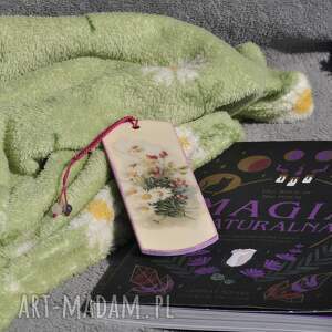 zakładka do książki - zdobiona metodą decoupage, drewniana, makrama, kamienie
