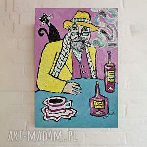 obraz olejny portret dziadka wieczór przy niebieskim stole, obrazy olejne