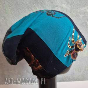 Czapka damska Smerfetka patchworkowa z pająkiem, na podszewce dobra