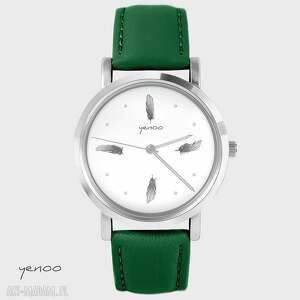 zegarek - szare piórka skórzany, zielony, bransoletka boho, prezent