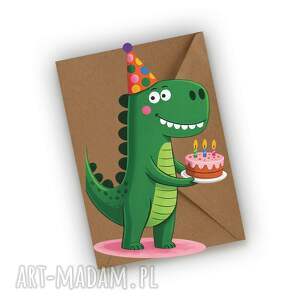 Kartka urodzinowa z dinozaurem - zielono-żółty dinozaur na urodziny