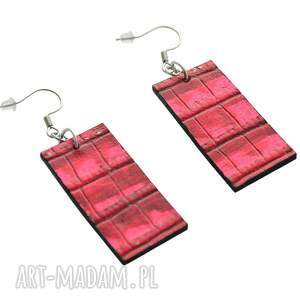 prostokątne skórzane kolczyki wiszące ze stalą szlachetną malinowe, koczyki