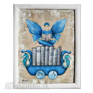 anioł bibliofil 14, obraz ręcznie malowany na płótnie, collage, w drewnianej